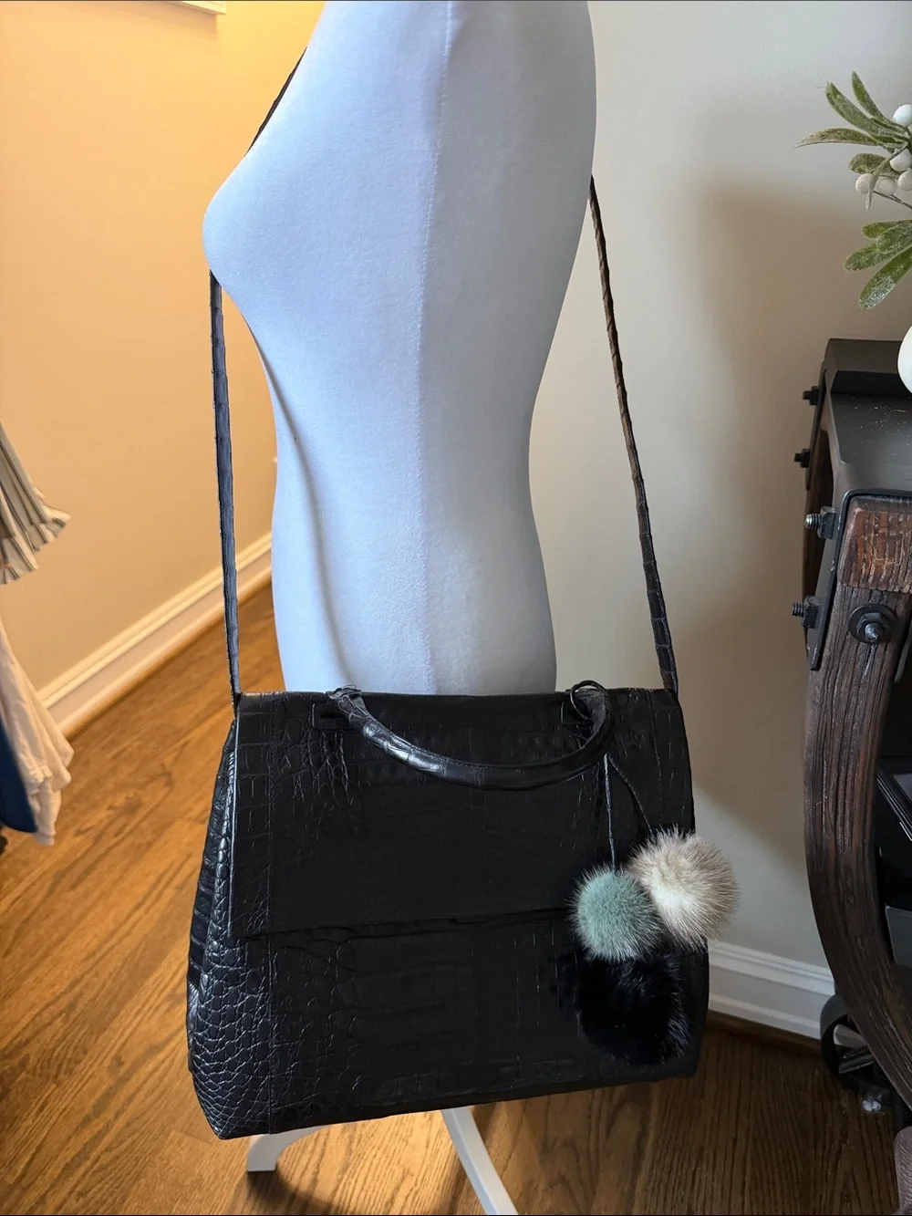 Nancy Gonzalez Black Croc-Embossed Satchel with Multicolor Mink Pom Pom Charms